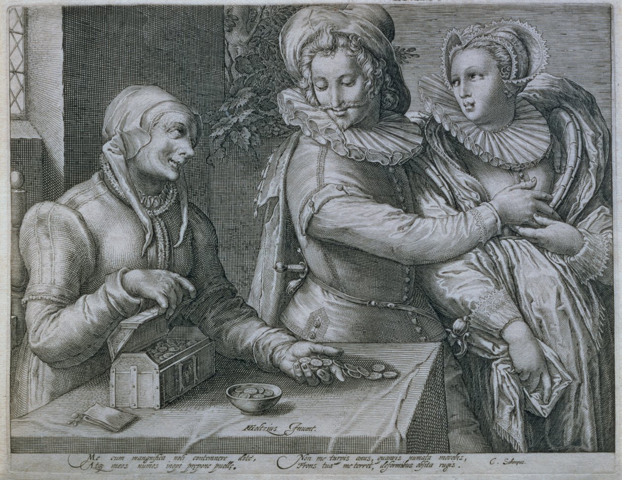 Um jovem que escolhe o amor pela beleza e não pela riqueza, gravada por Jacob Matham (1571-1631) de Hendrik Goltzius