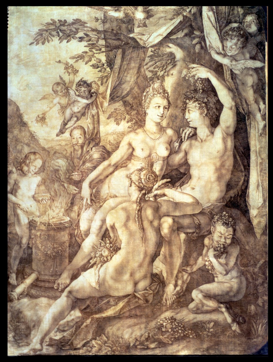 Baco, Vênus e Ceres, c.1606 (caneta e tinta marrom) de Hendrik Goltzius
