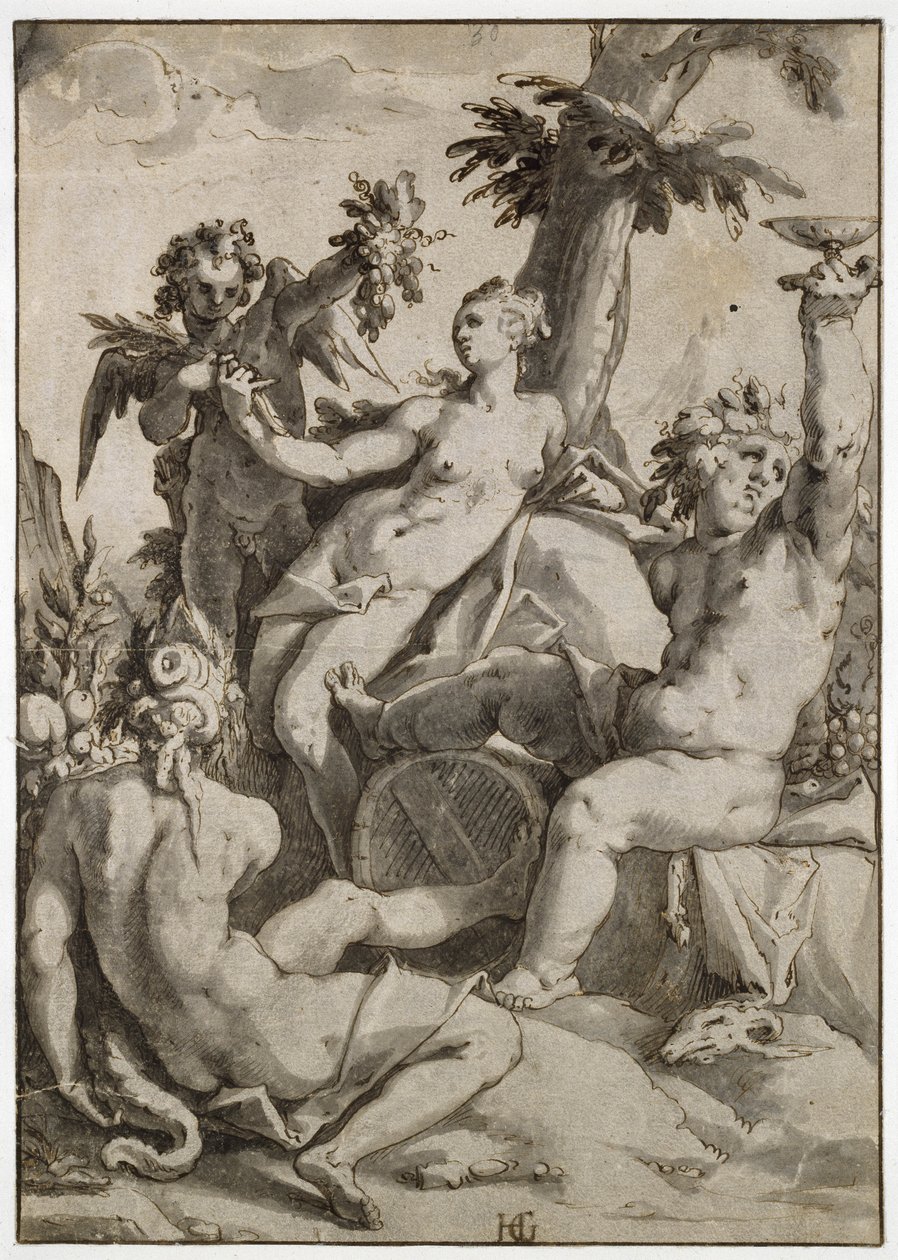 Ceres, Vênus e Baco, século XVI (caneta e tinta cinza sobre papel) de Hendrik Goltzius