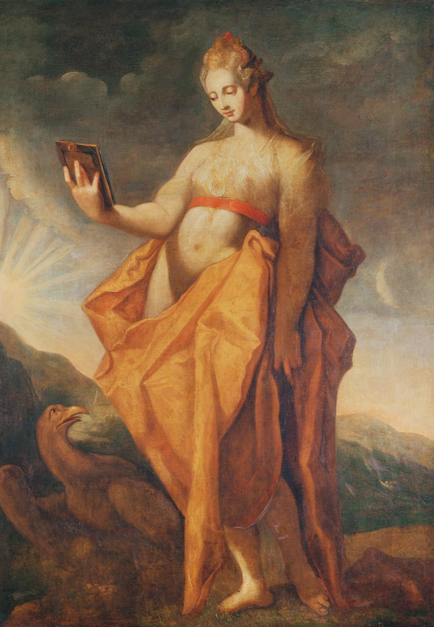 Leto, grávida dos gêmeos Artemis e Apolo, com a águia de Zeus a seus pés de Hendrik Goltzius
