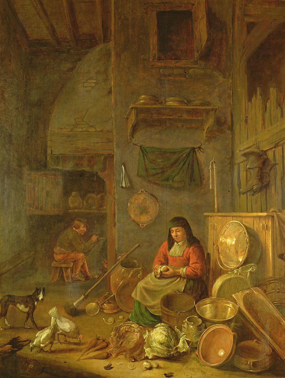 Um, cozinha, interior, com, um, mulher, descascar, batatas, ao lado, um, cão, um homem, fumar, frente, um, fogo, além de Hendrik Martensz Sorgh