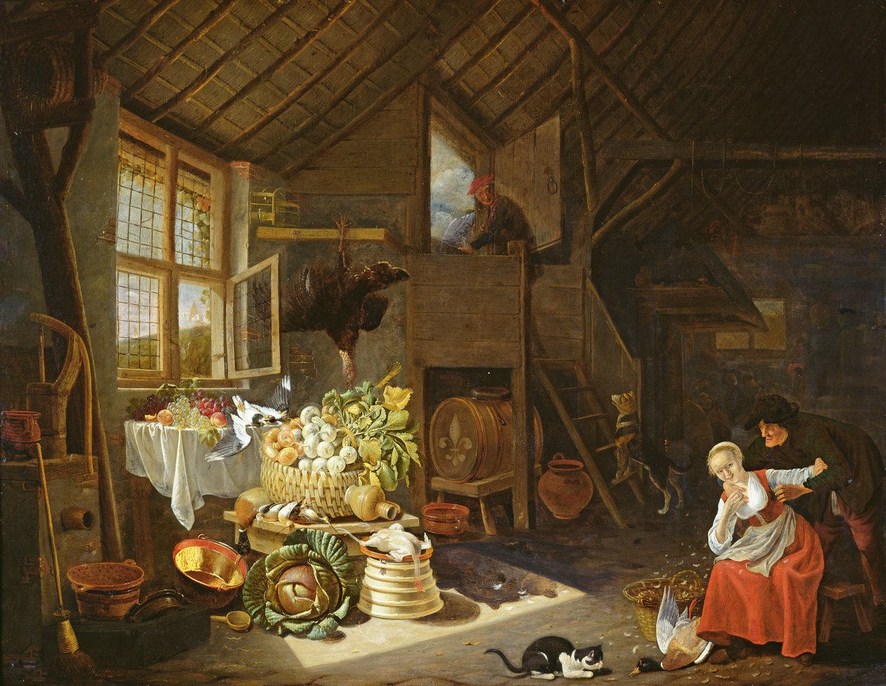 Interior de uma fazenda (óleo em cobre) de Hendrik Martensz Sorgh