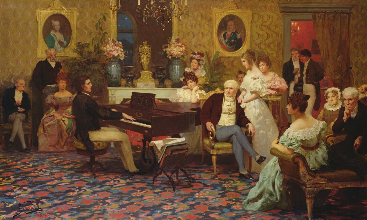 Chopin Tocando Piano no Salon do Príncipe Radziwill, 1887 de Henryk Siemiradzki