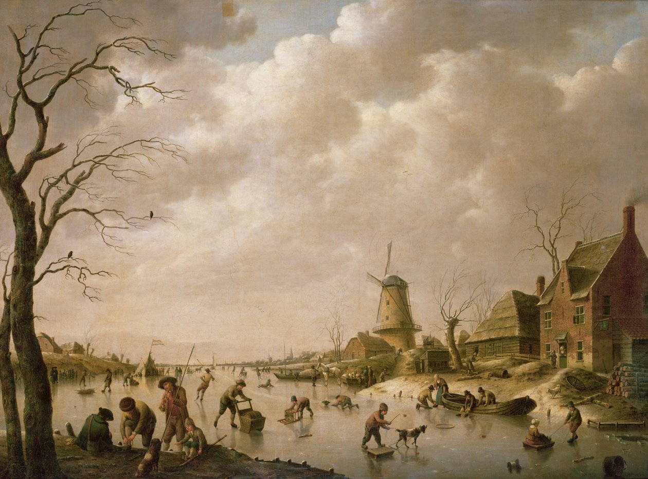 Patinadores em um canal congelado, 1779 de Hendrik Willem Schweickardt