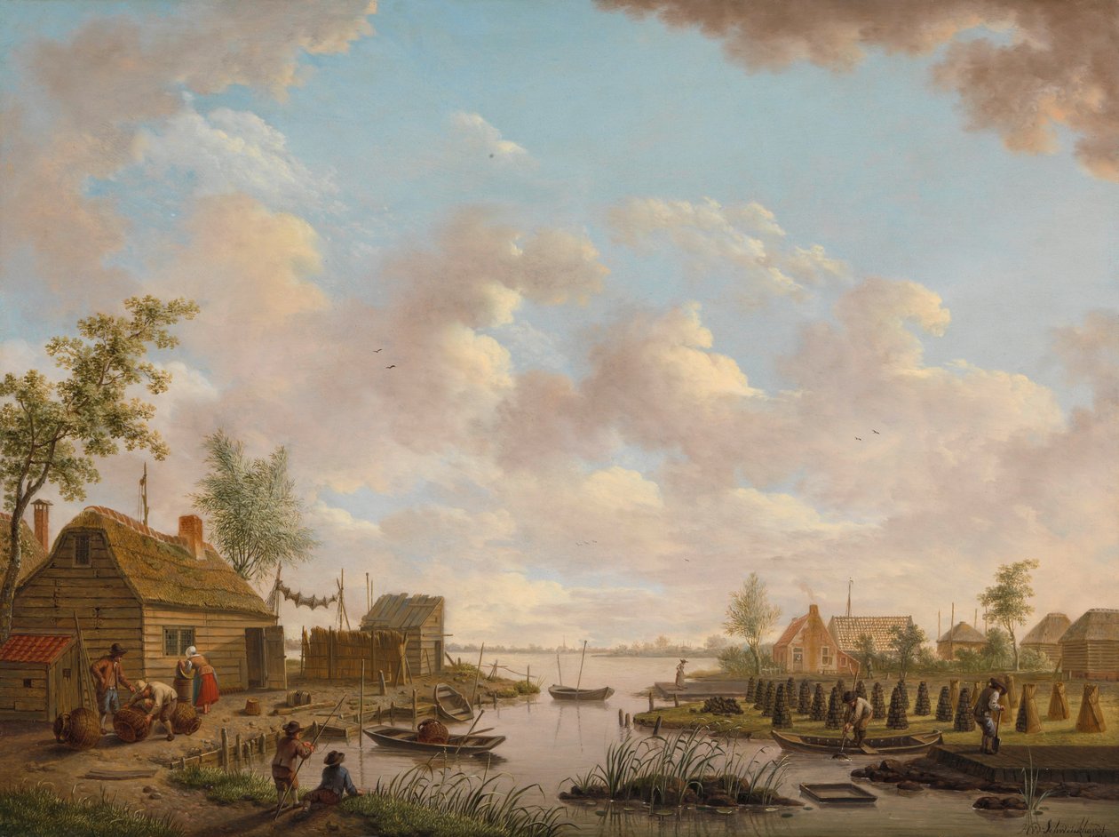 Paisagem com pescadores e fazendeiros de turfa no pântano de turfa de Hendrik Willem Schweickhardt