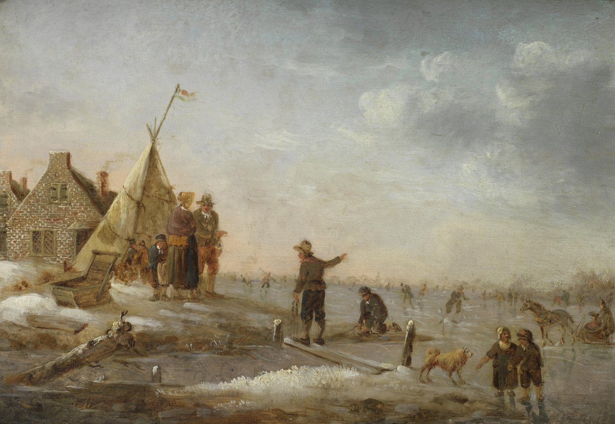 Paisagem de inverno com figuras patinando antes de uma aldeia de Hendrik Willem Schweickhardt