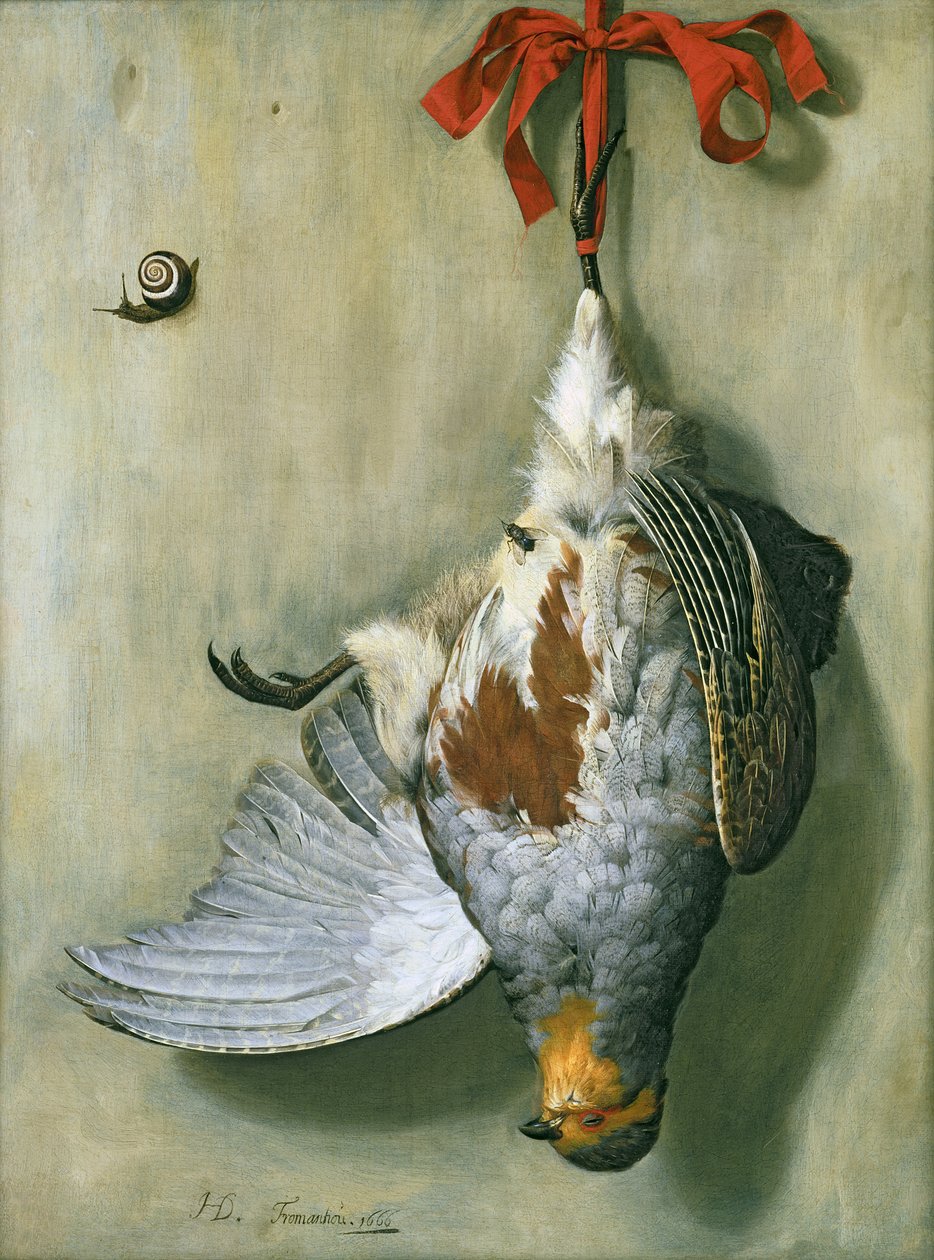 Trompe o olho com perdiz, 1666 de Hendrik de Fromantiou