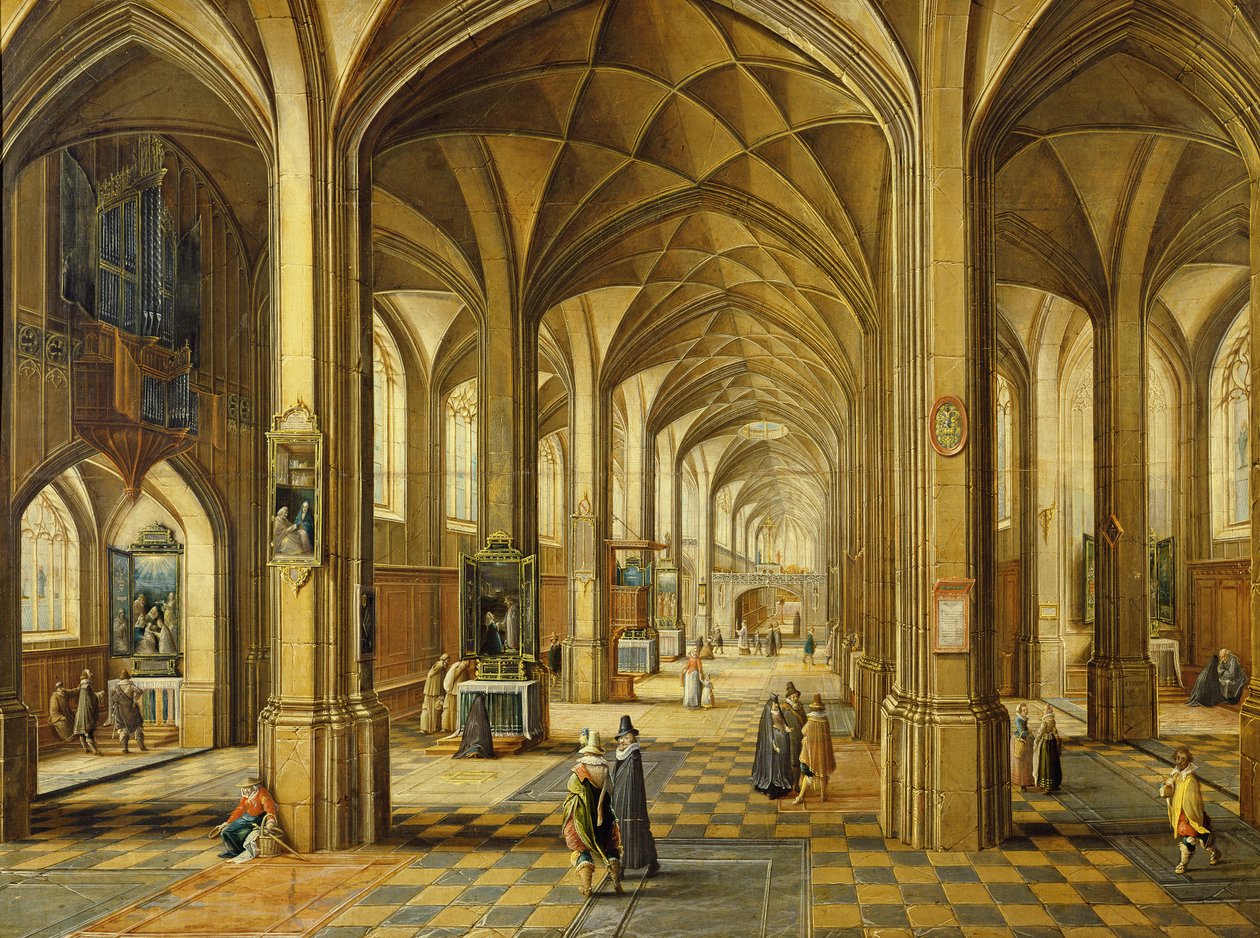 Interior de uma igreja de estilo gótico com três naves de Hendrik the Younger Steenwyck