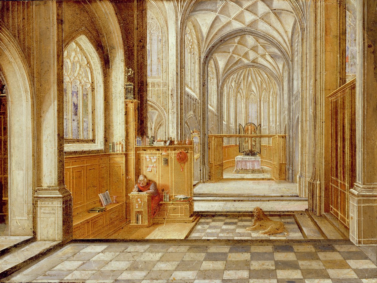 São Jerônimo em uma igreja gótica (óleo em cobre) de Hendrik the Younger Steenwyck