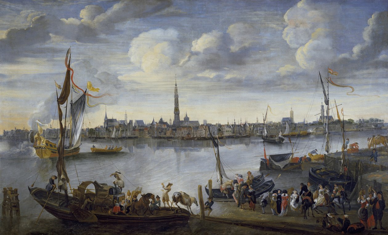 Antuérpia, do banco adicional do rio Escalda, século XVII de Hendrik van Minderhout
