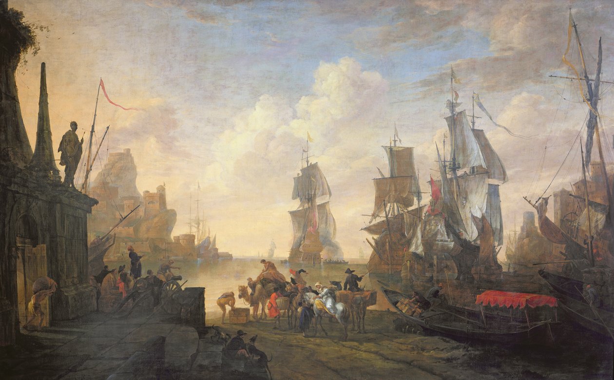 Vista de um porto no Levante, 1670 de Hendrik van Minderhout
