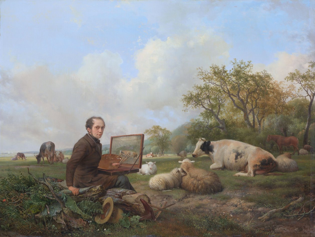O próprio pintor, pintando em uma paisagem de prado com gado de Hendrick van de Sande Bakhuyzen