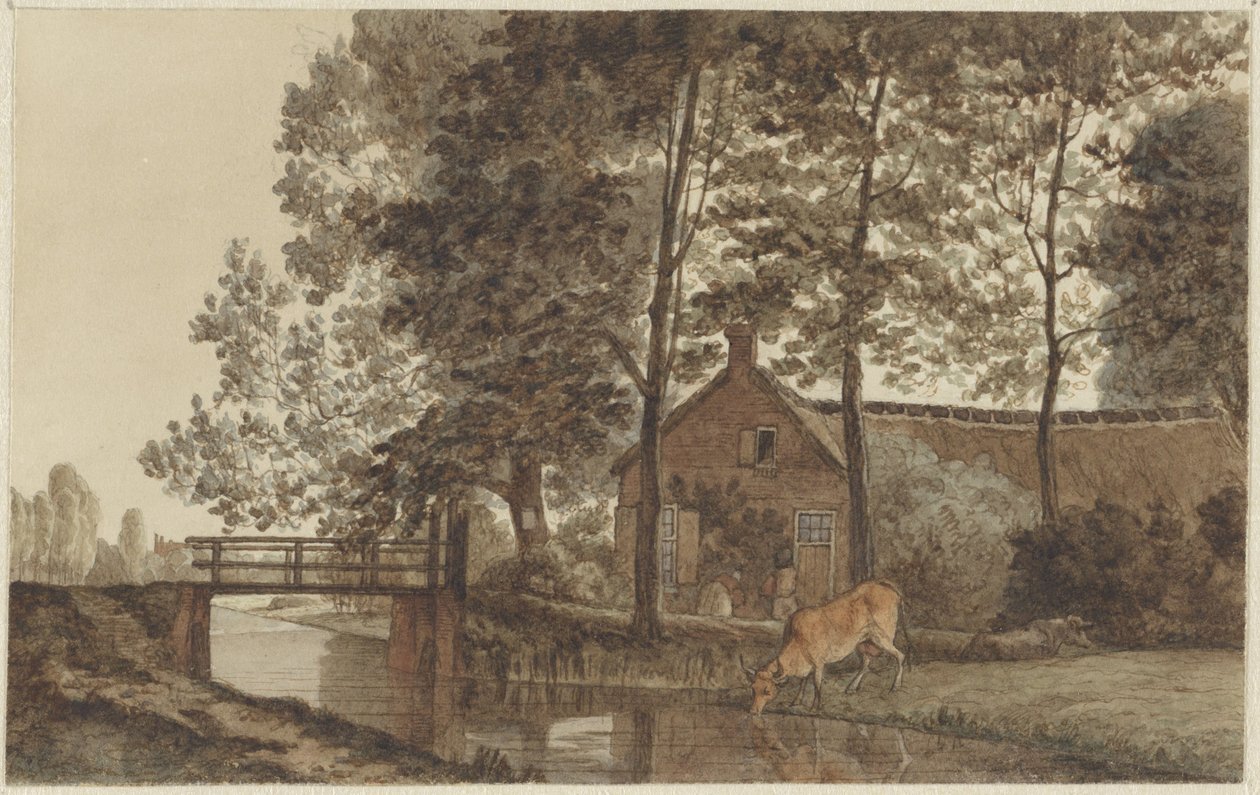 Fazenda com vaca bebendo na Biltstraat em Utrecht de Hendrik Abraham Klinkhamer