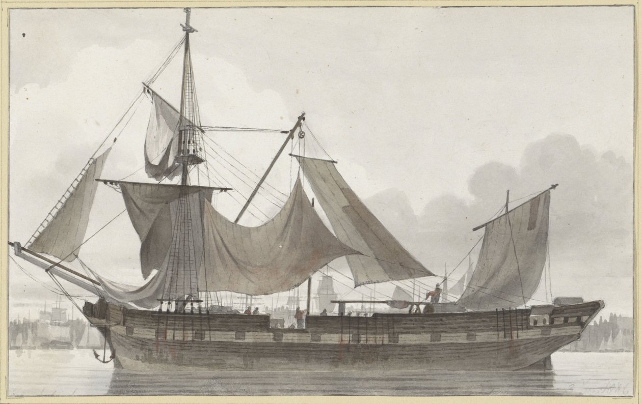 Três mestres sob o armamento de emergência, entrando num porto com ventos fracos
Navio à vela visto de lado, num porto de Hendrik Abraham Klinkhamer