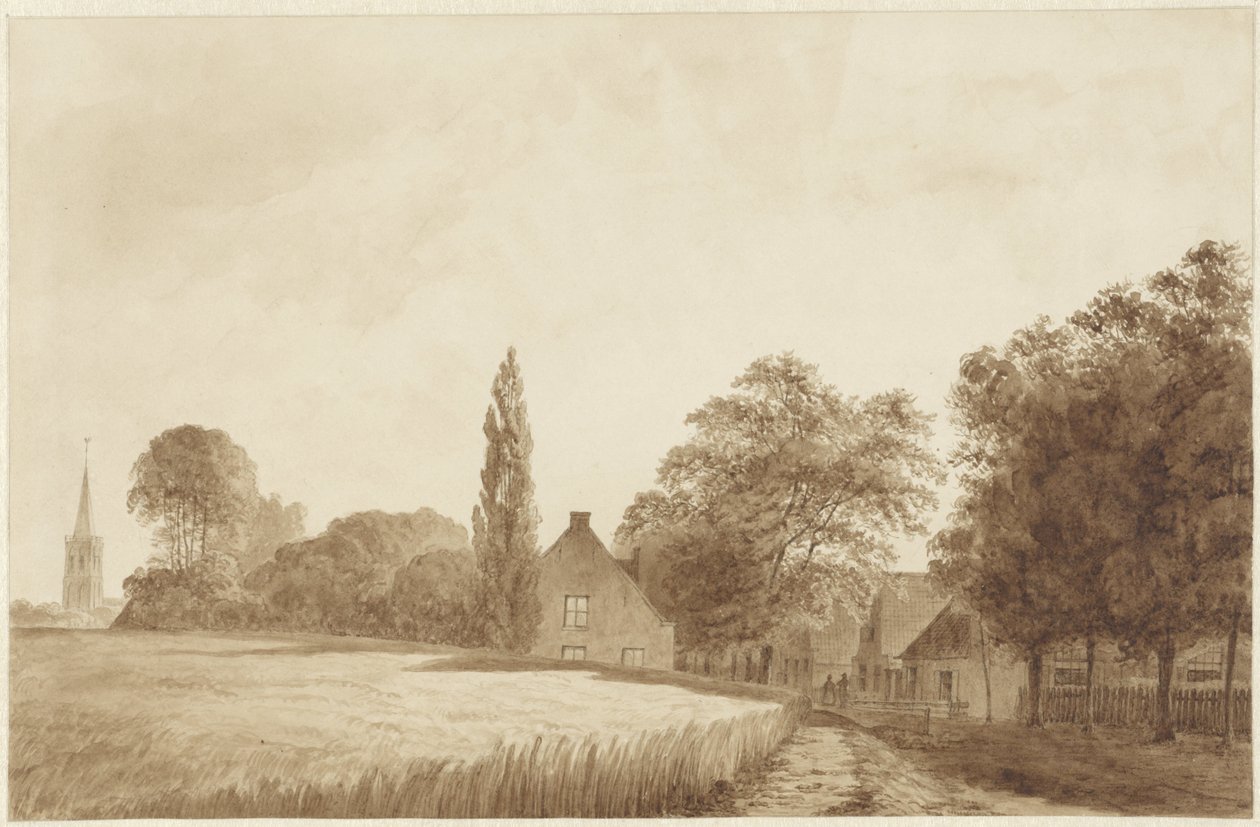 Vista de algumas casas e uma torre de igreja perto de Hilversum de Hendrik Abraham Klinkhamer