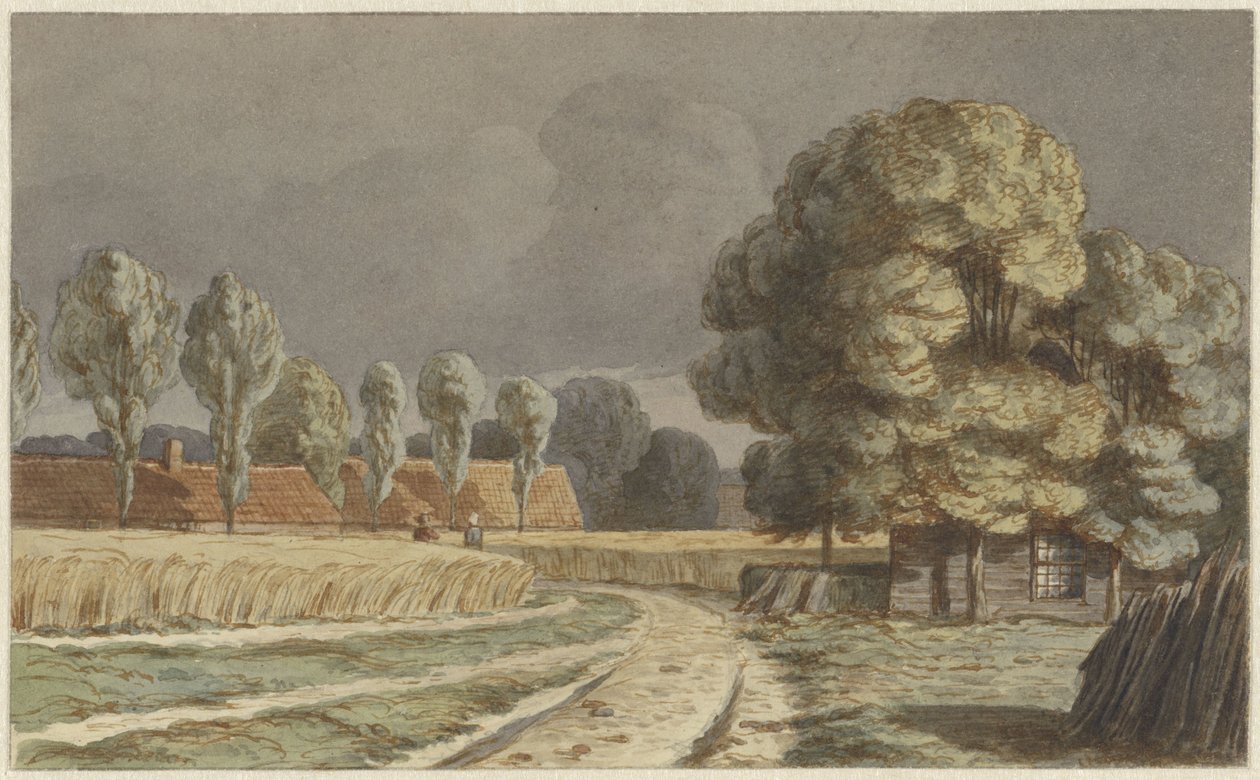 Campo de milho entre casas sob uma tempestade ameaçadora em Hilversum de Hendrik Abraham Klinkhamer