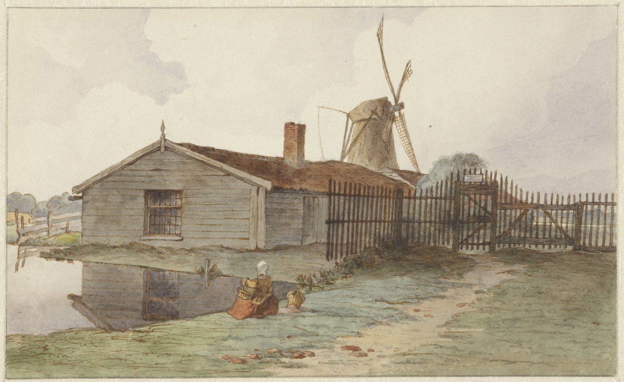 Moinho com edifícios de madeira perto de Amesterdão de Hendrik Abraham Klinkhamer