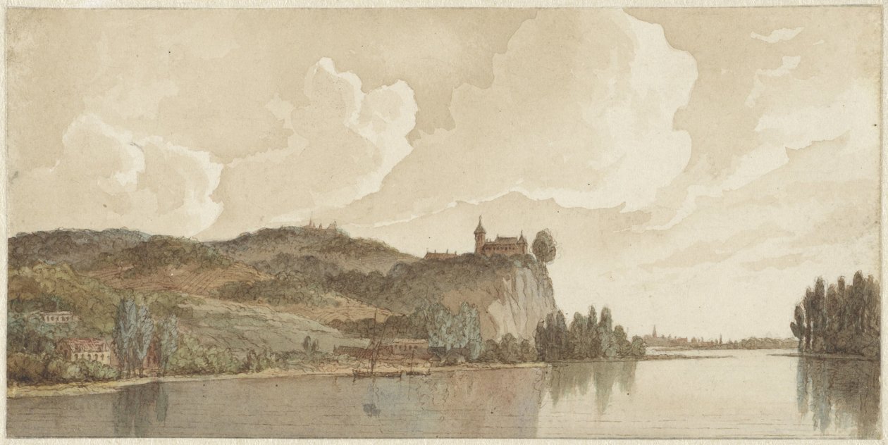 Paisagem fluvial com Chokier no rio Meuse de Hendrik Abraham Klinkhamer