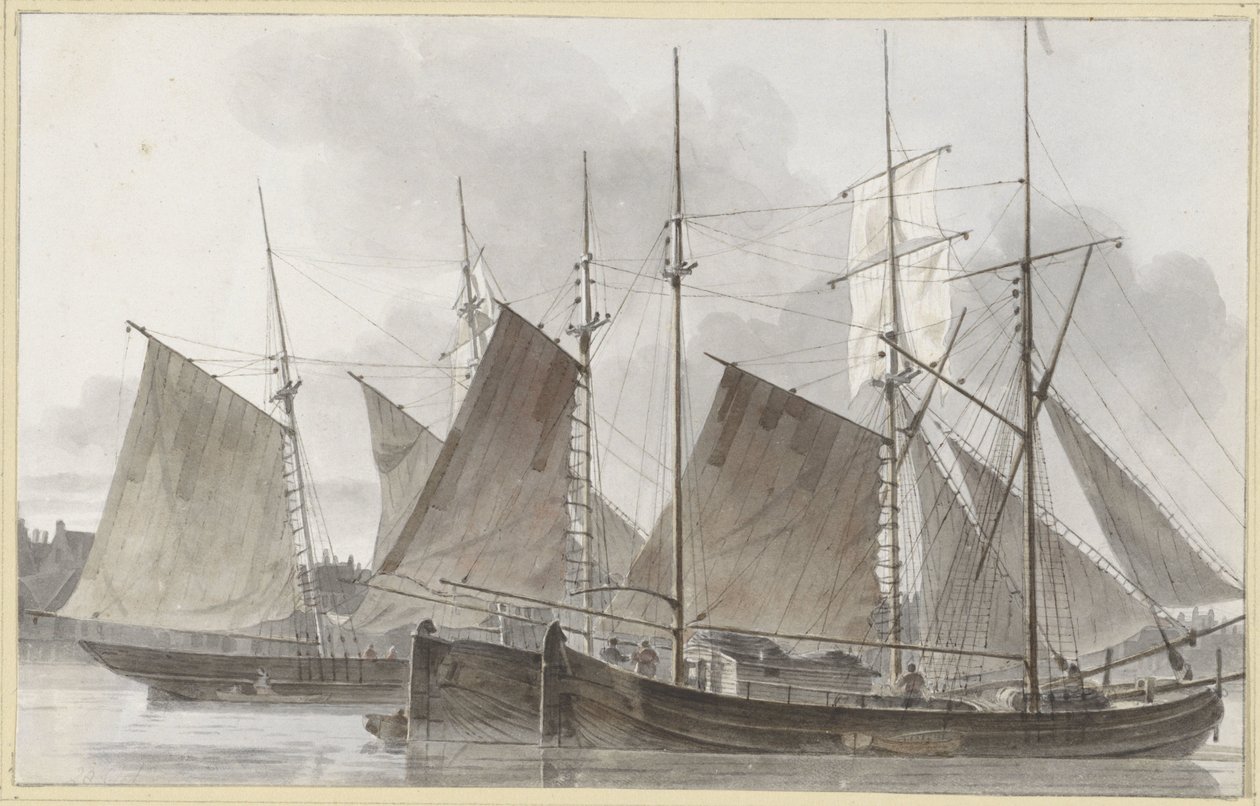 Navios à vela atracados em frente de uma cidade de Hendrik Abraham Klinkhamer