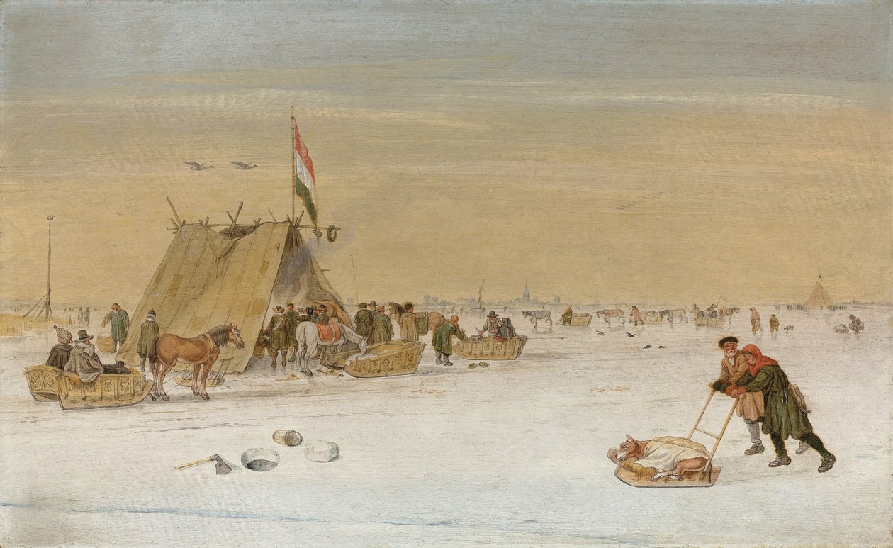 Uma paisagem de inverno com figuras no gelo perto de uma tenda de koek-en-zopie de Hendrik Avercamp