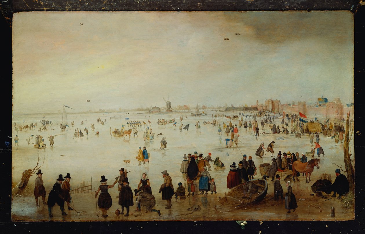 Patinadores, jogadores de golfe, senhoras e senhores elegantes nas águas congeladas do Broederpoort em Kampen de Hendrik Avercamp