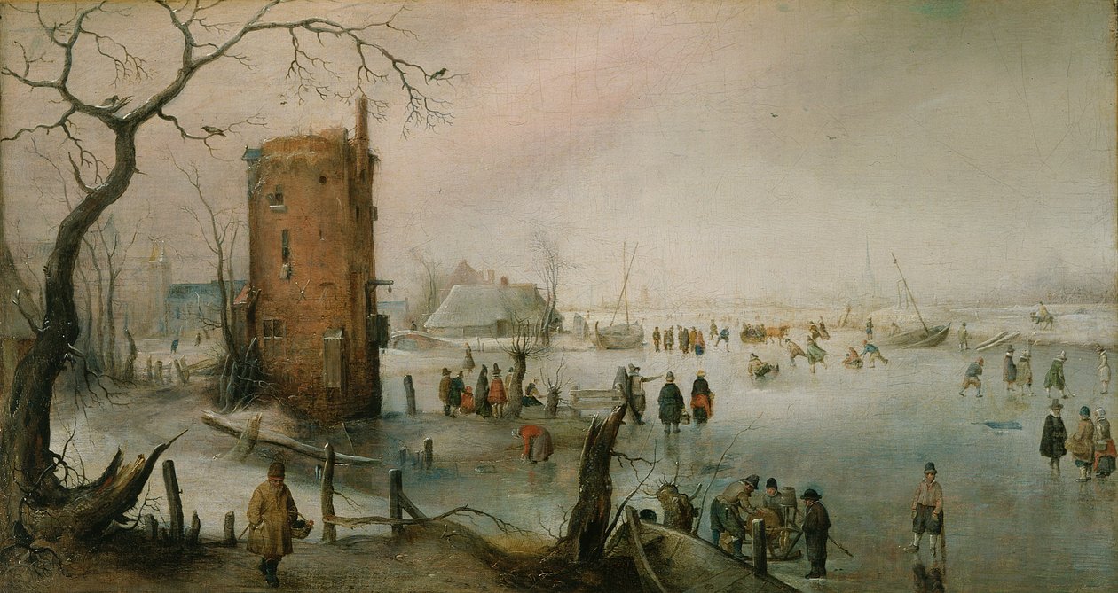 Patinagem perto de uma cidade, c.1610-20 (óleo sobre tela) de Hendrik Avercamp