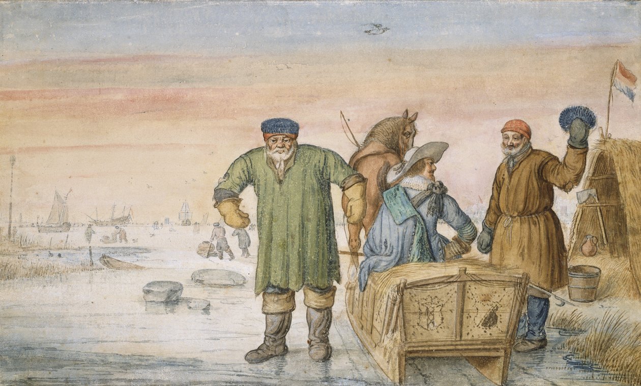 Dois idosos ao lado de um trenó com as brasões de Amsterdã e Utrecht, 1620-33 de Hendrik Avercamp