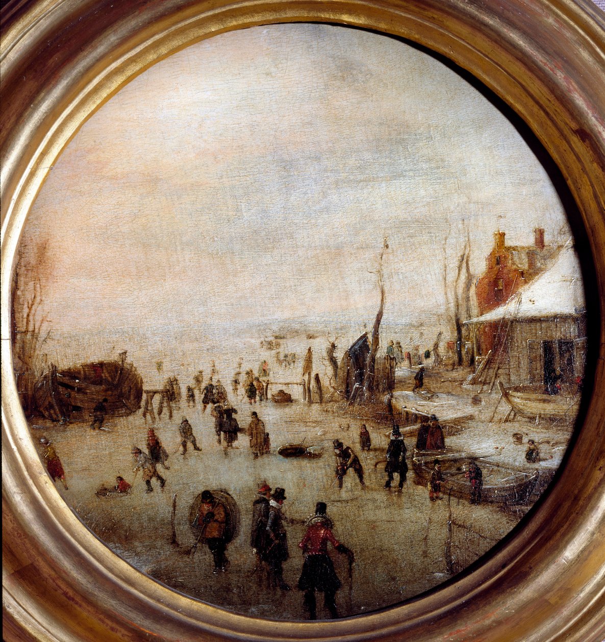 Paisagem de inverno com patinadores no gelo e jogadores de hóquei Pintura de Hendrick Avercamp (1585-1634) Diâmetro 25 cm Musei di Strada Nuova (ex Palazzo Rosso) Genes Itália de Hendrik Avercamp