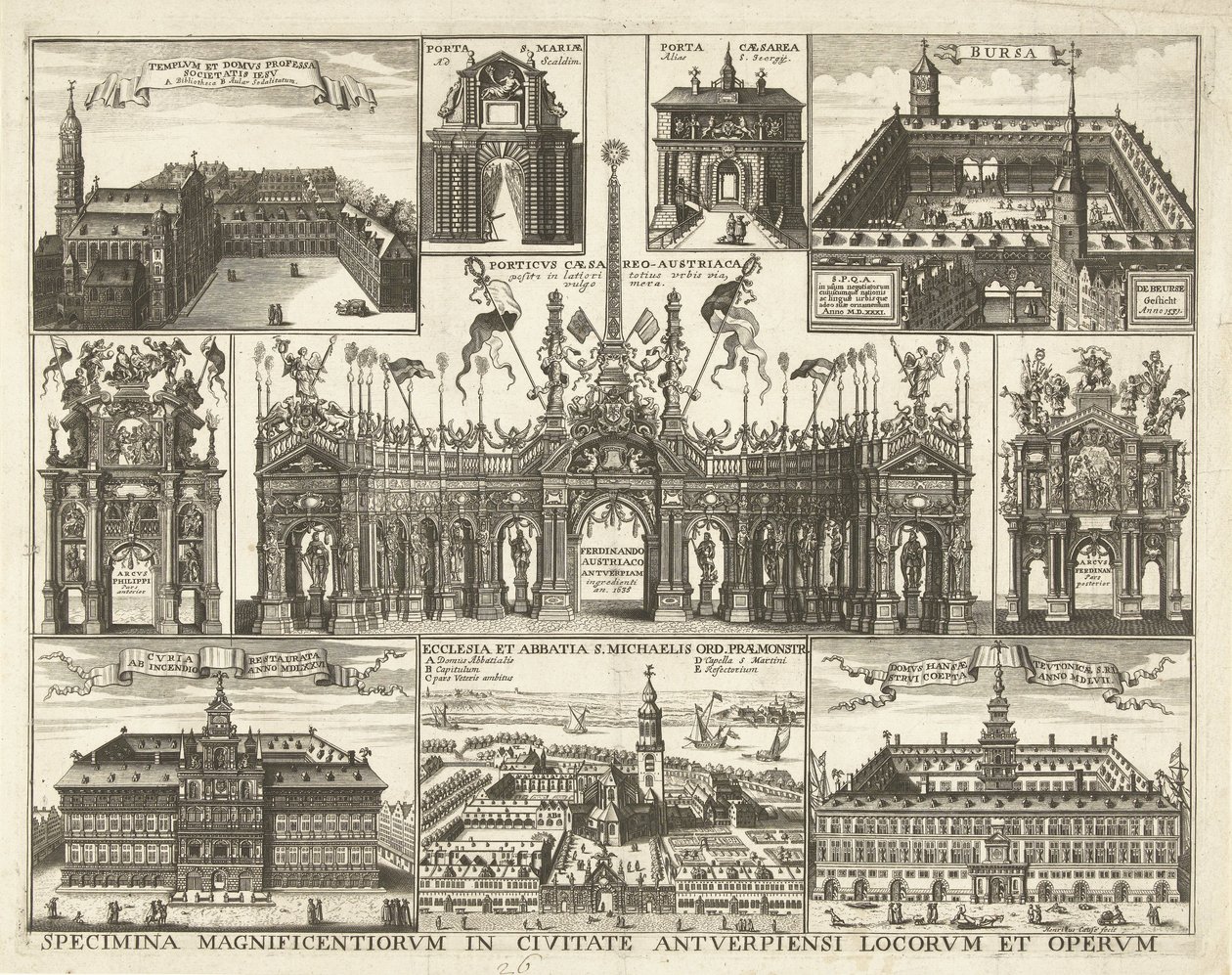 Blad met tien voorsetningen van de intocht van de Kardinaal Infant Ferdinand te Antwerpen, 1635 Espécimes dos lugares e obras mais magníficos da cidade de Antuérpia (título no objeto) de Hendrik Causé