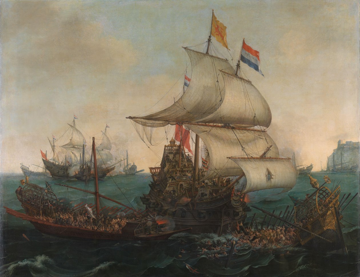 Navios holandeses abalroando galeras espanholas ao largo da costa inglesa, 3 de outubro de 1602 de Hendrick Cornelisz. Vroom
