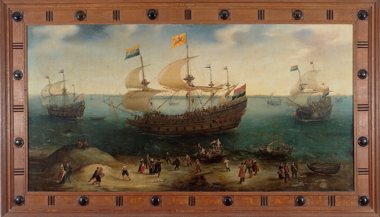 O navio de quatro mastros De Hollandse Tuyn e outros navios de regresso do Brasil sob o comando de Paulus van Caerden de Hendrick Cornelisz. Vroom