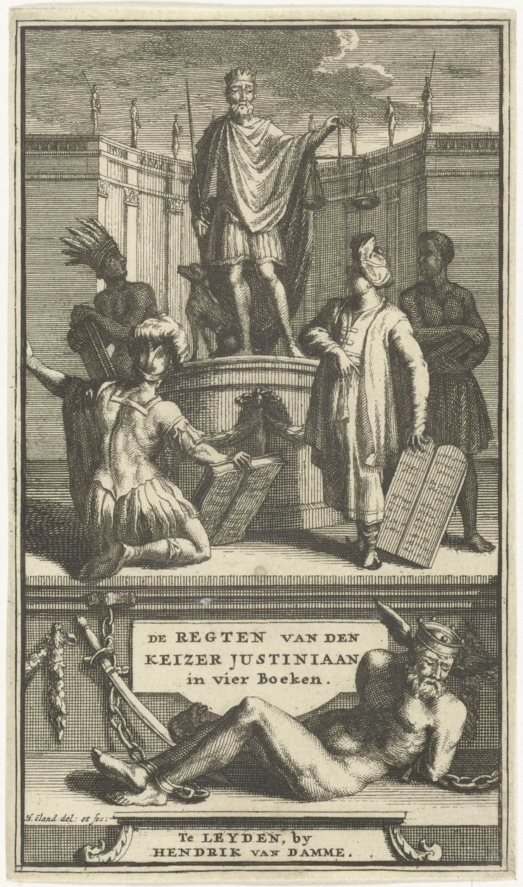 Página de título de De regten van den keizer Justiniaan, Leiden, 1705
REGTEN van den KEIZER JUSTINIAAN in vier boeken (título sobre o objecto) de Hendrik Elandt