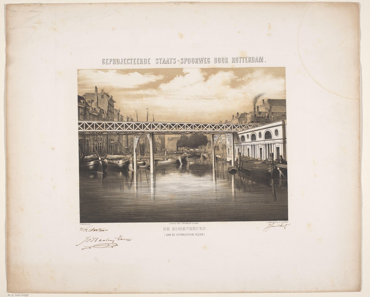 Vista do Korenbeurs em Roterdão com vista futura de uma linha ferroviária
Os Korenbeurs (vistos do jardim ao ar livre) (título sobre o objecto)
Estado ferroviário projectado através de Roterdão (título da série sobre o objecto) de Hendrik Frederik Sartor