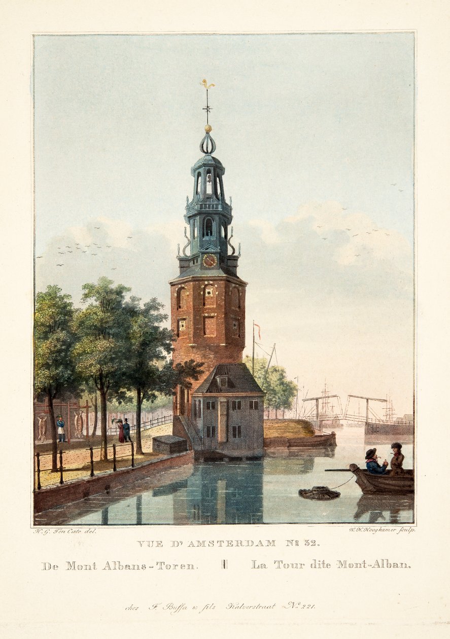 Vista de Amesterdão No.32. De Mont Albans-Toren. A chamada Torre de Mont-Alban, 1825 (gravura colorida à mão) de Hendrik Gerrit ten Cate