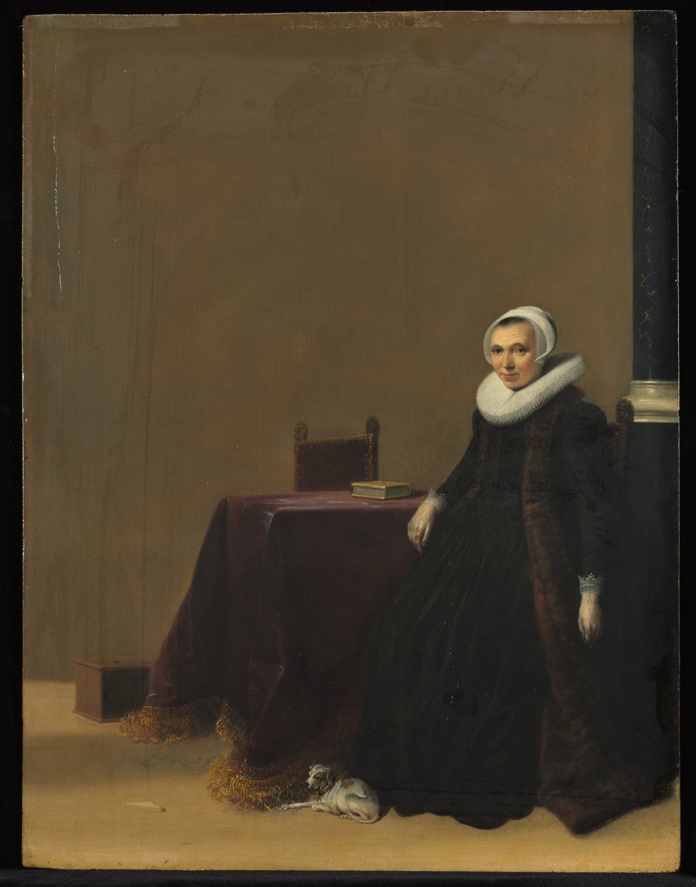Retrato de uma mulher com um cachorro de Hendrik Gerritsz. Pot