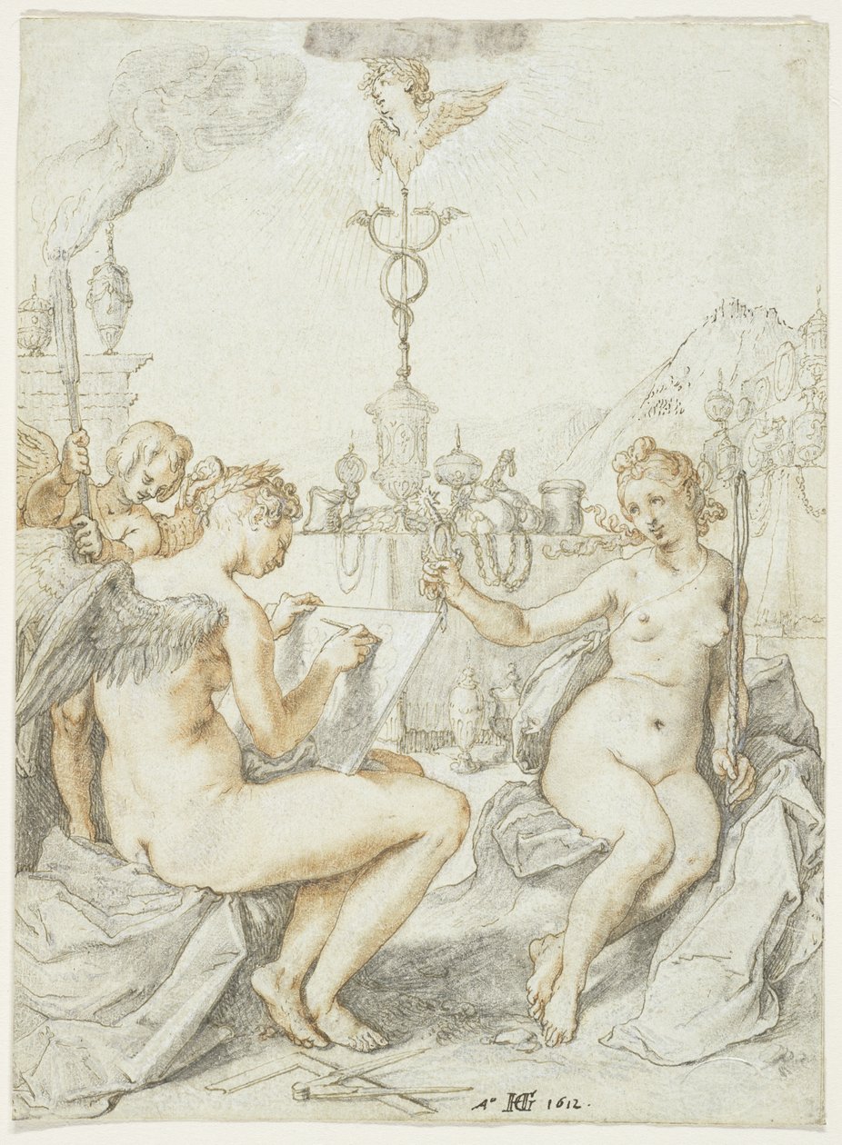 Alegoria da Arte do Desenho com o Emblema do Artista, 1612 (tinta, giz e guache sobre papel) de Hendrik Goltzius