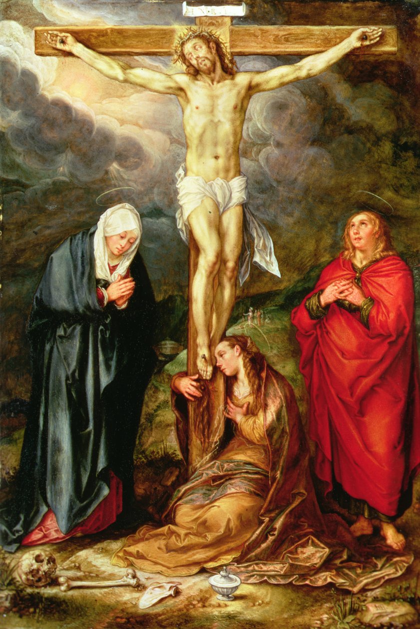 Cristo na Cruz, com Maria, São João e a Madalena, c.1600 (óleo sobre cobre) de Hendrik Goltzius