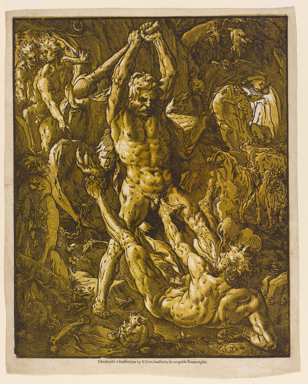 Hércules e Caco, 1588 (xilogravura de claro-escuro sobre papel avergoado) de Hendrik Goltzius