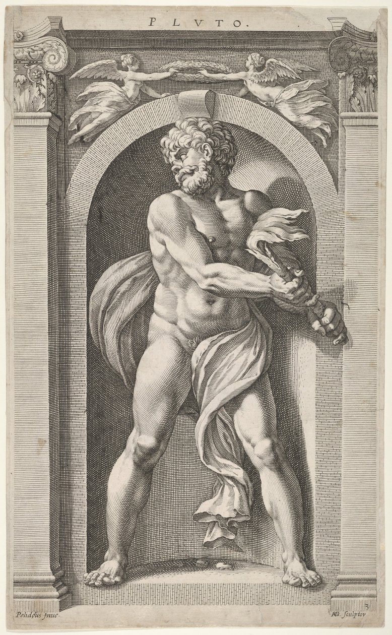 Plutão, no verso dos esboços de uma figura, quatro cabeças e uma coluna, 1592. de Hendrik Goltzius