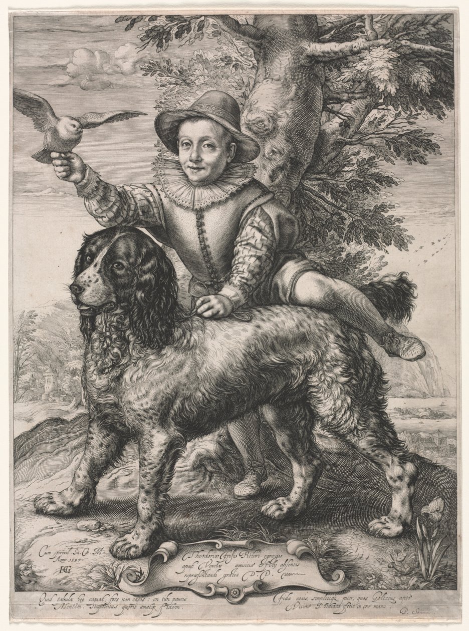 Retrato de Frederick de Vries e seu cão, 1597. de Hendrik Goltzius