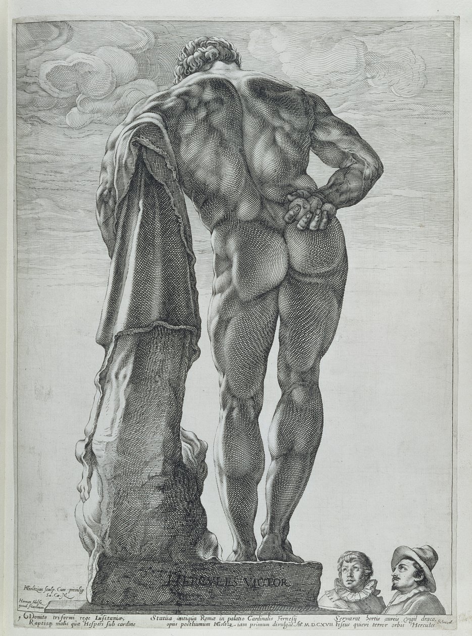 Vista traseira do Farnese Hercules (gravura em cobre) de Hendrik Goltzius