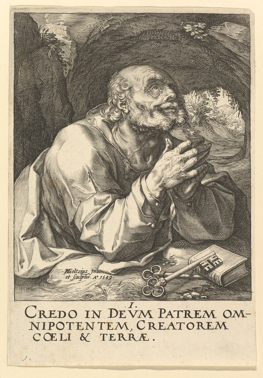 São Pedro, de Cristo, os Apóstolos e São Paulo com o Credo, 1589. de Hendrik Goltzius