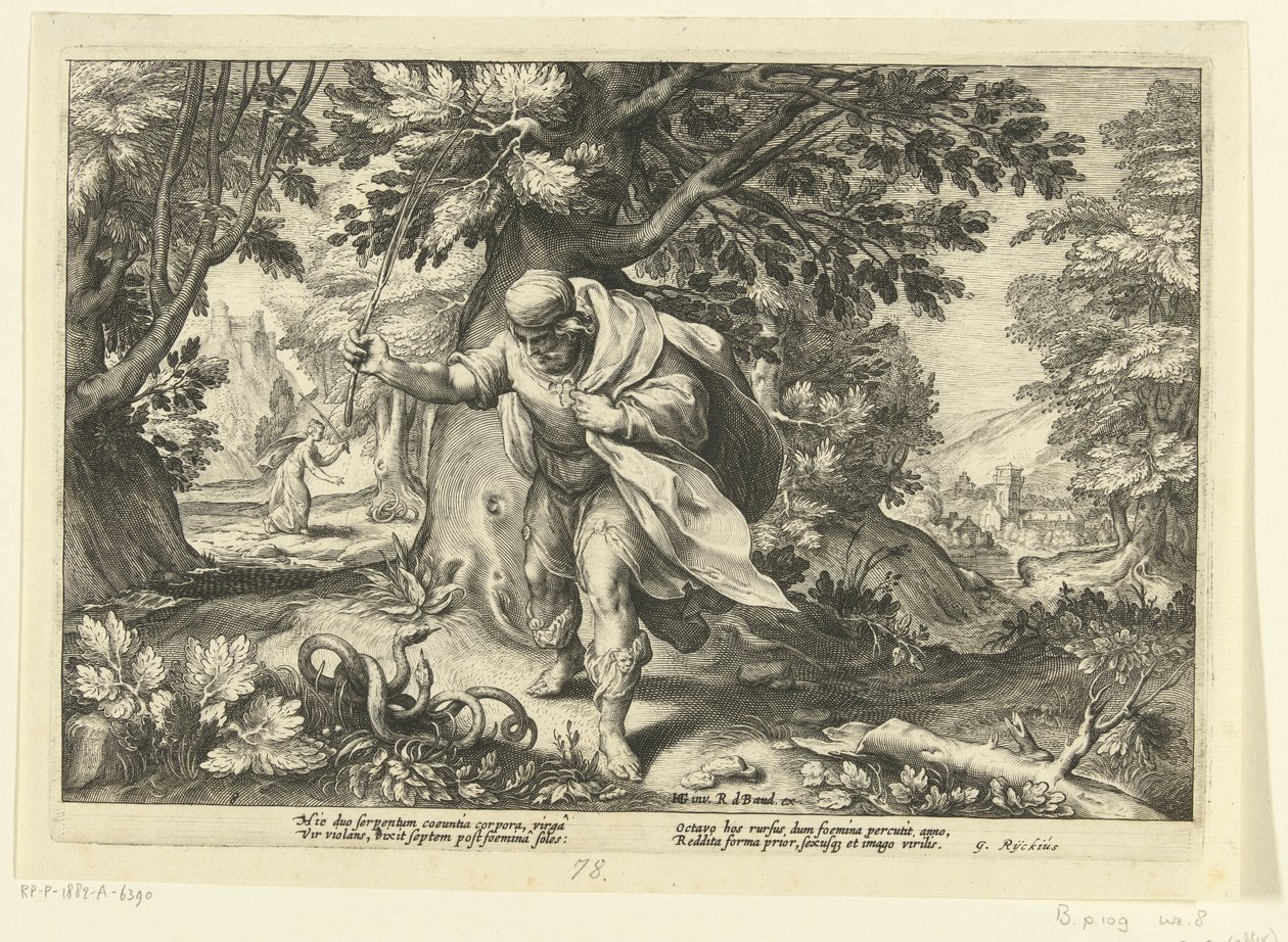 Teiresias bate duas cobras acasaladoras, das Metamorfoses de Ovídio de Hendrik Goltzius