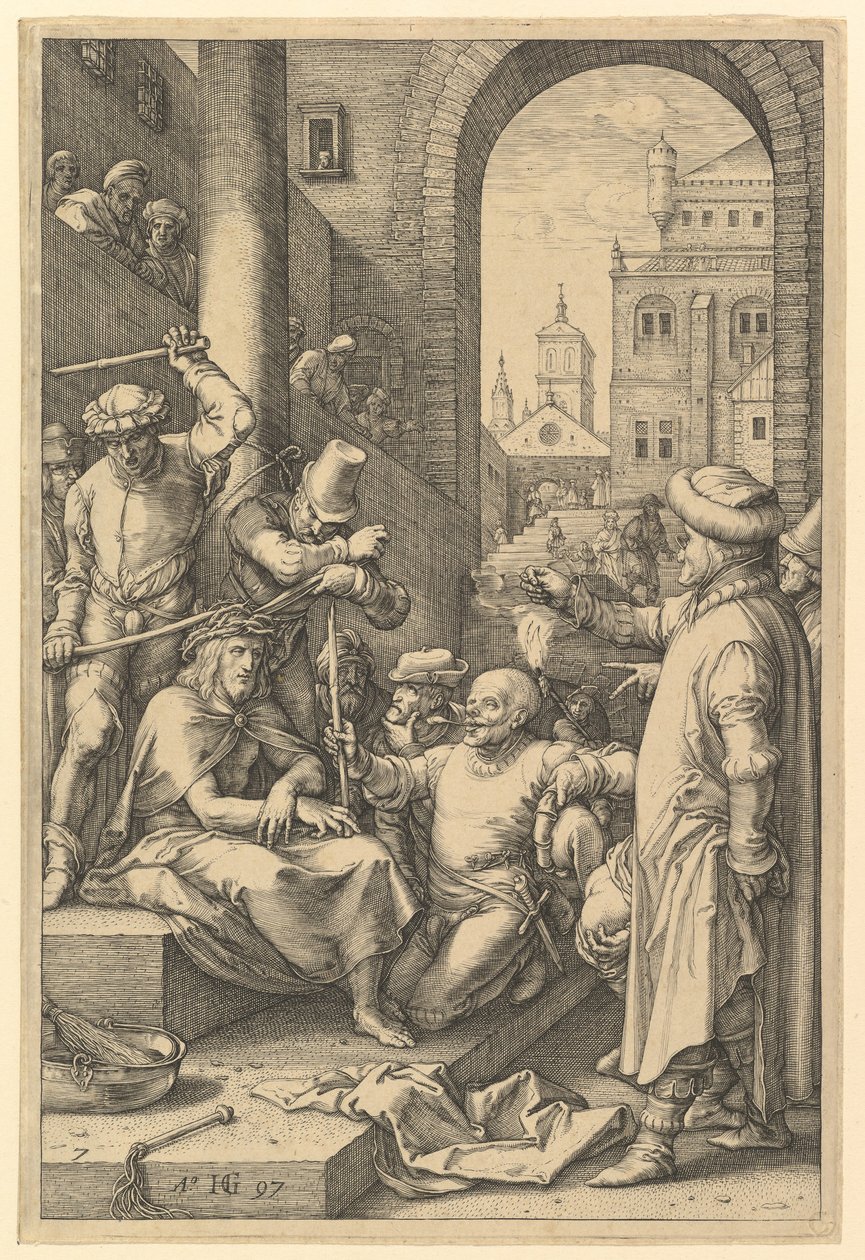 A coroação de espinhos, de A paixão de Cristo, 1597. de Hendrik Goltzius