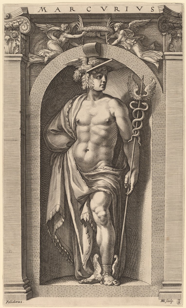 Extensão do movimento, vista frontal e lateral equilibrada, apoiada em uma perna de Hendrik Goltzius after Polidoro da Caravaggio
