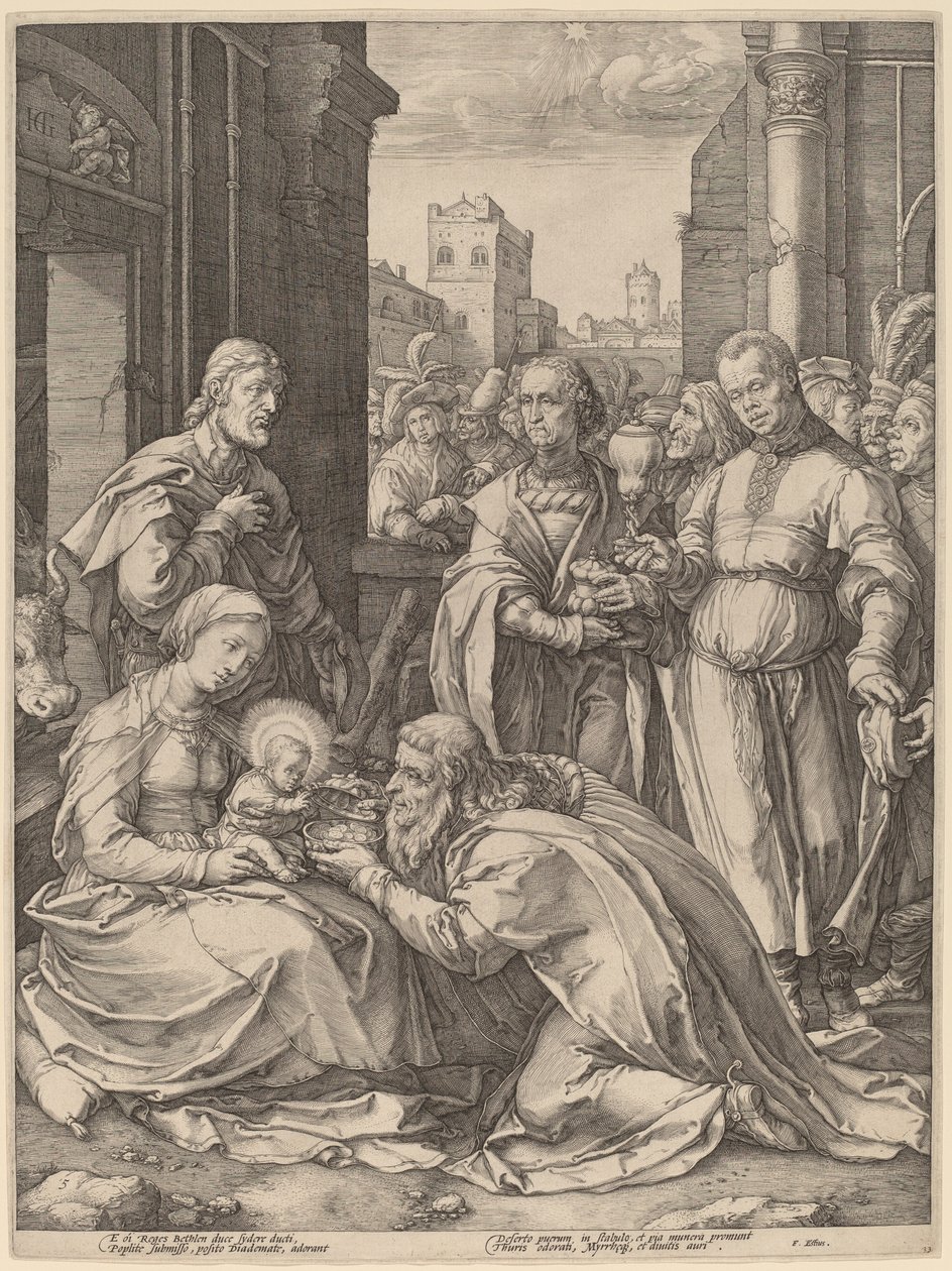 A adoração dos magos de Hendrik Goltzius in the style of Lucas van Leyden