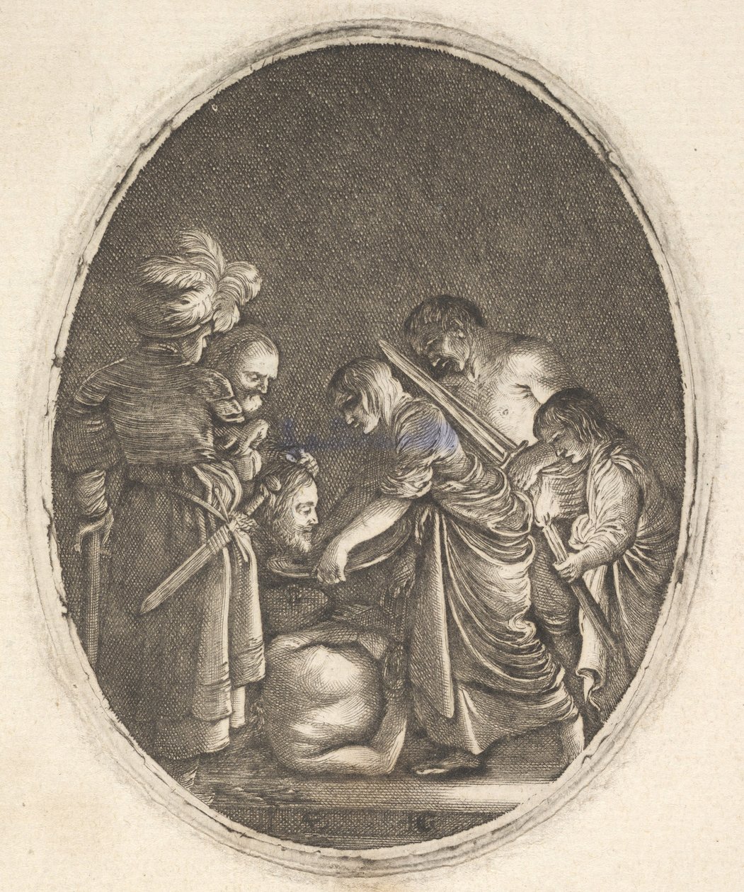 Salomé recebendo a cabeça de João Batista, cercada por três homens e uma criança por ..., ca. 1610 de Hendrik Goudt