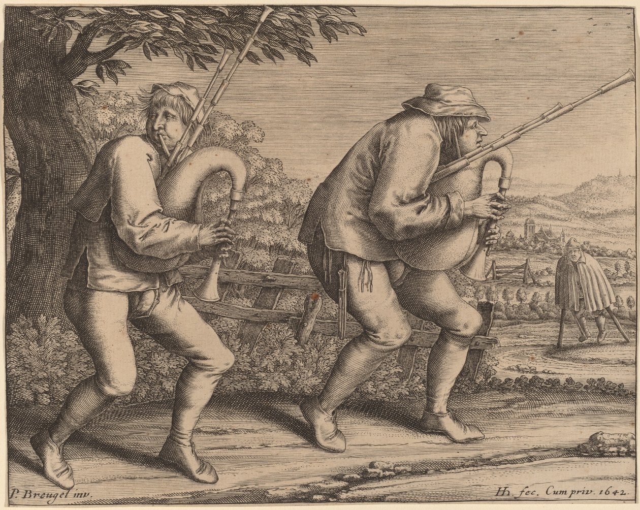 Dois tocadores de gaita de foles de Hendrik Hondius I after Pieter Bruegel the Elder