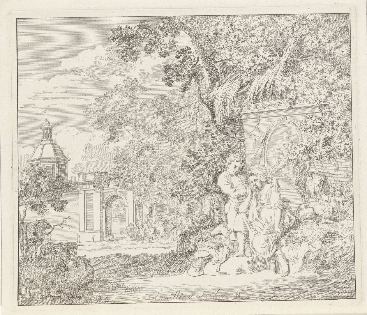Casal em um monumento clássico e um portão da cidade Anette e Lubin (título no objeto) de Hendrik Hoogers