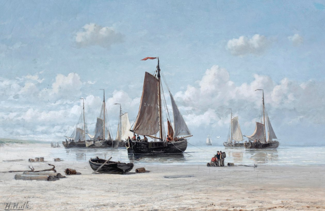 Navios de pesca na praia, Zandvoort (óleo sobre tela) de Hendrik Hulk
